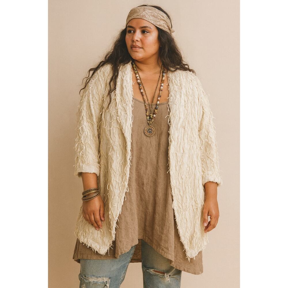 Car Pool Couture Ecru Hand-Woven Guatemala Fringed Art Jacket Coat VTg Medium